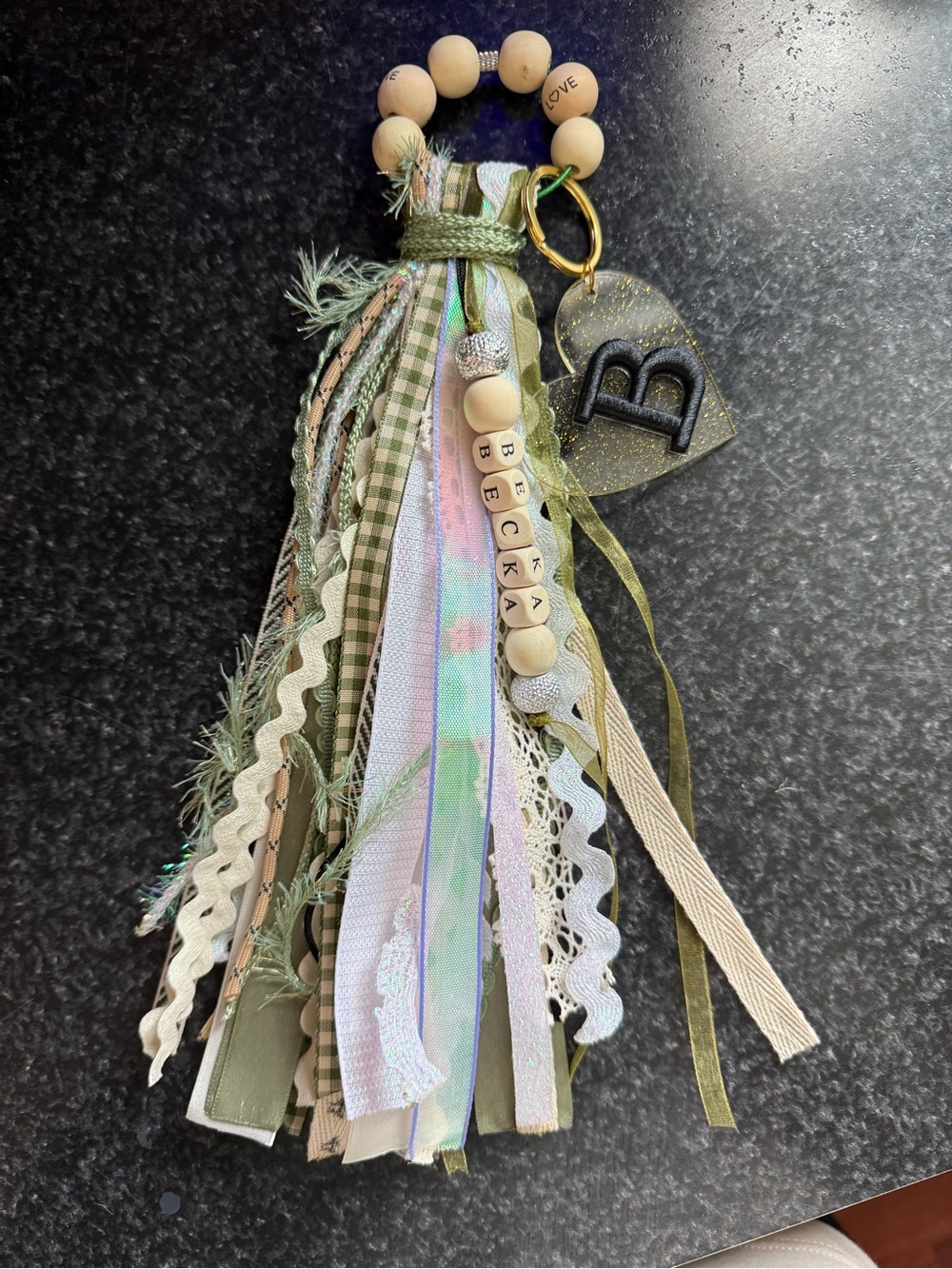 Personalized Olive Green Ribbon Tassel Keychain with Wooden Beads